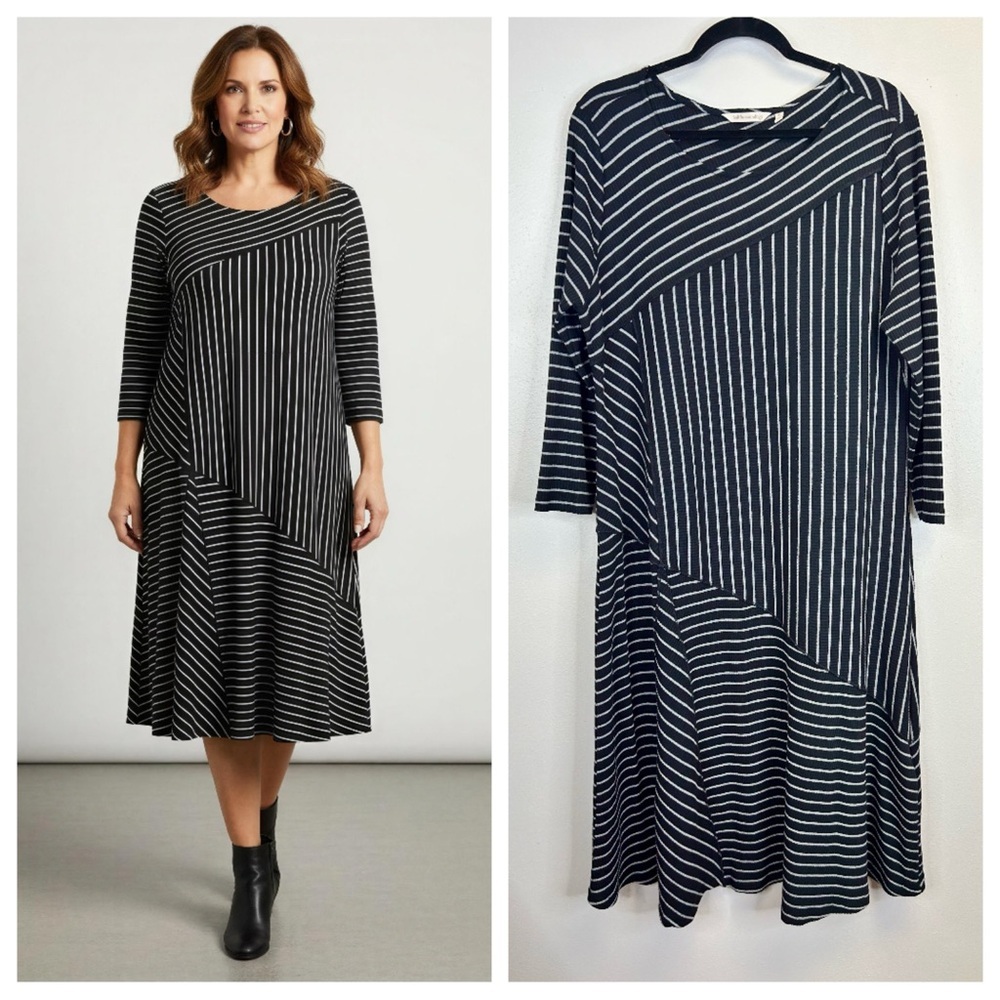 Soft Surroundings XL Striped Midi Dress Bohochic Minimalist Classic Work Neutral